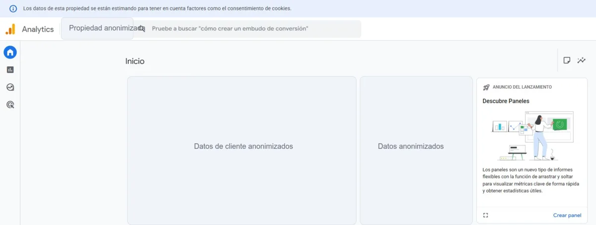 Captura real y anonimizada de un panel de Google Analytics 4 usado para comprobar conversiones