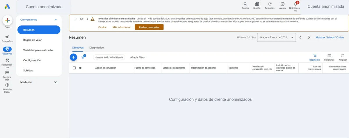 Captura real y anonimizada de la configuración de conversiones de una cuenta de Google Ads